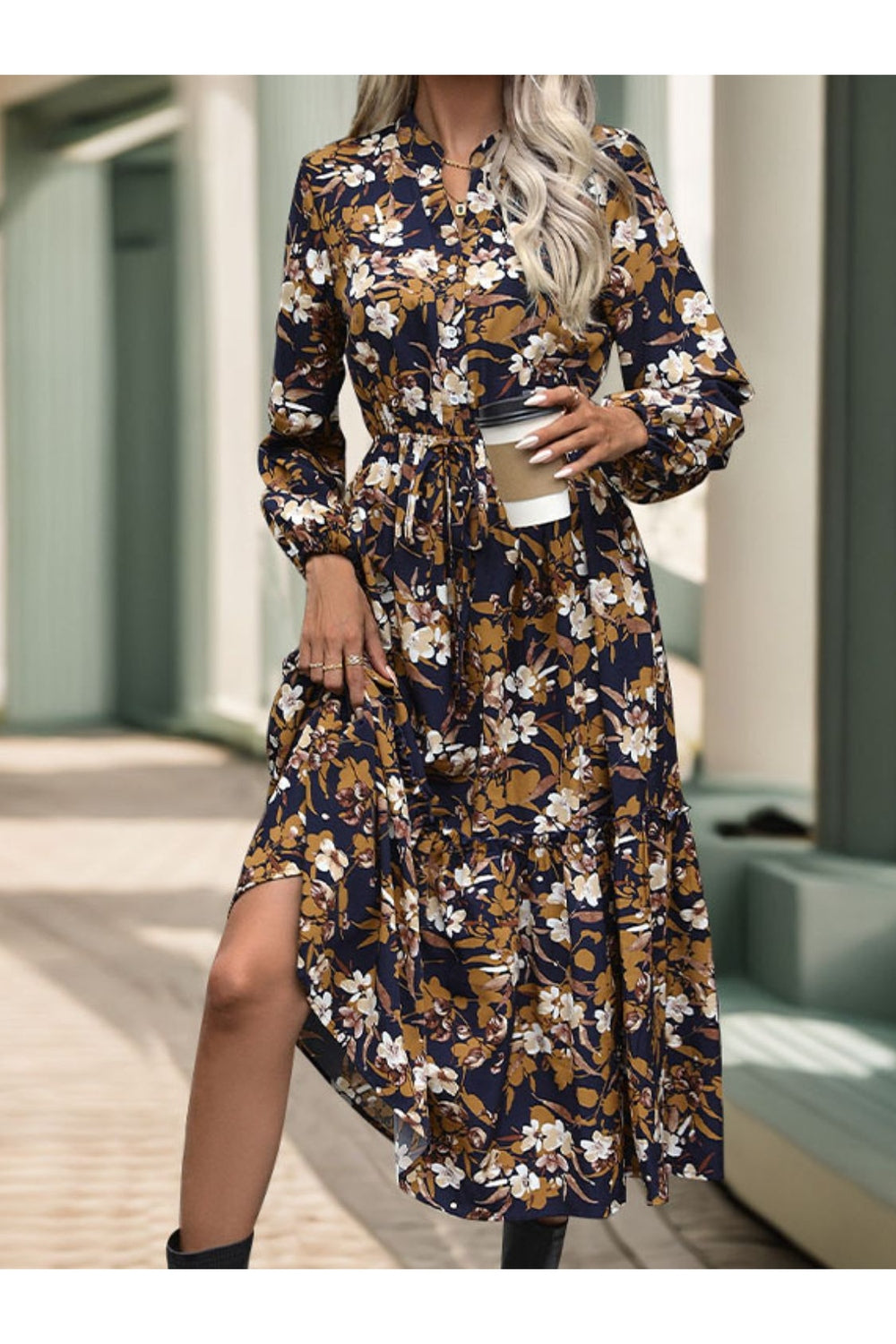 Perfee Printed Notched Long Sleeve Midi Dress - Casual & Maxi Dresses - FITGGINS