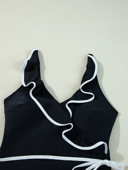 Ruffle Trim V-Neck One-Piece Swimsuit Fitggins