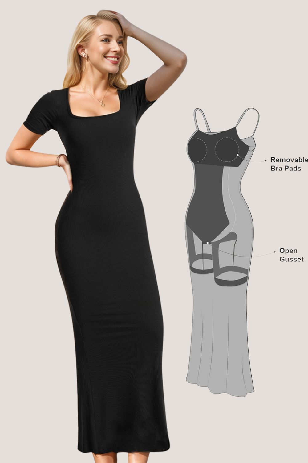 Basic Bae Built-In Shapewear Square Neck Short Sleeve Maxi Dress - Shapewear - FITGGINS