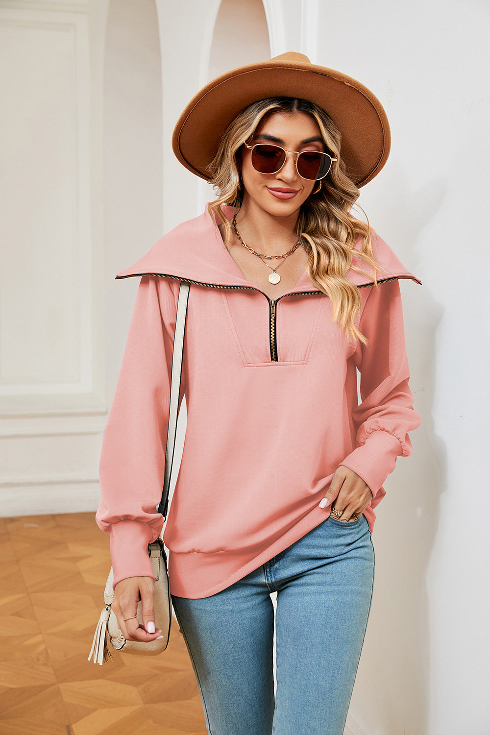 Half-Zip Collared Sweatshirt Peach Fitggins