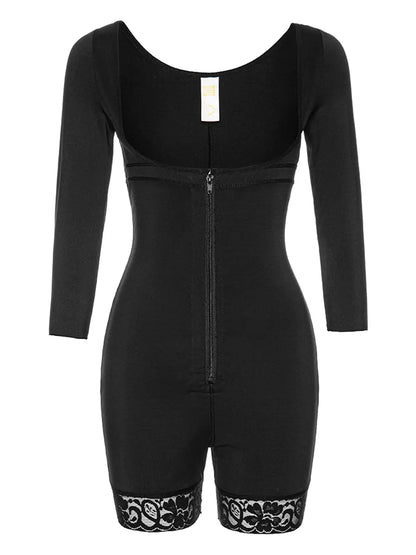 Full Size Zip Up Lace Detail Long Sleeve Shapewear Fitggins