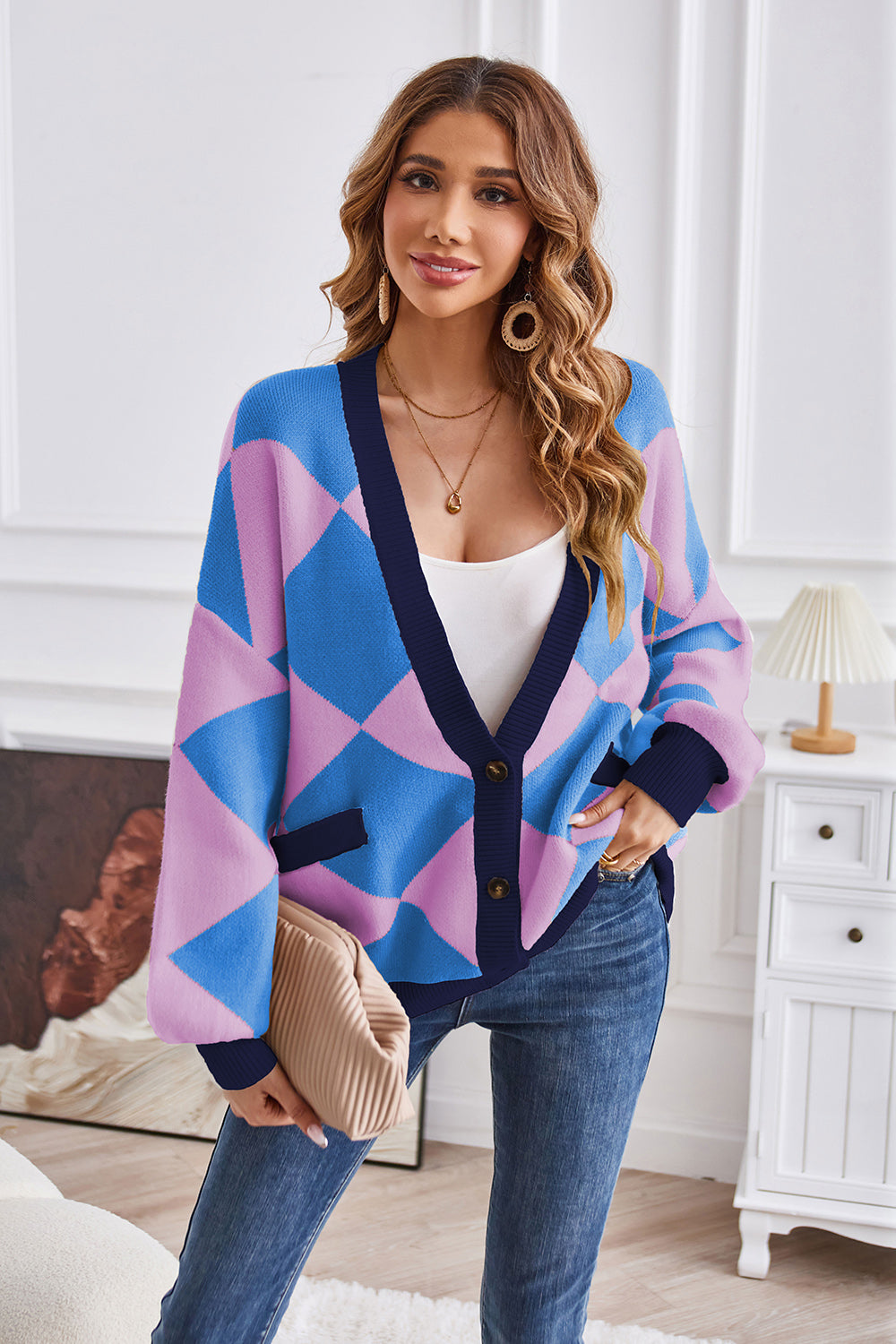 Geometric Lantern Sleeve Cardigan with Pockets Fitggins
