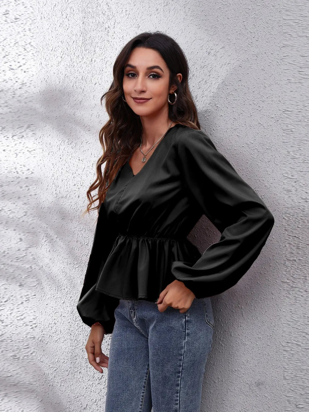 V-Neck Balloon Sleeve Peplum Blouse Fitggins
