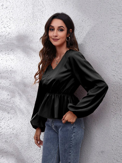 V-Neck Balloon Sleeve Peplum Blouse Fitggins