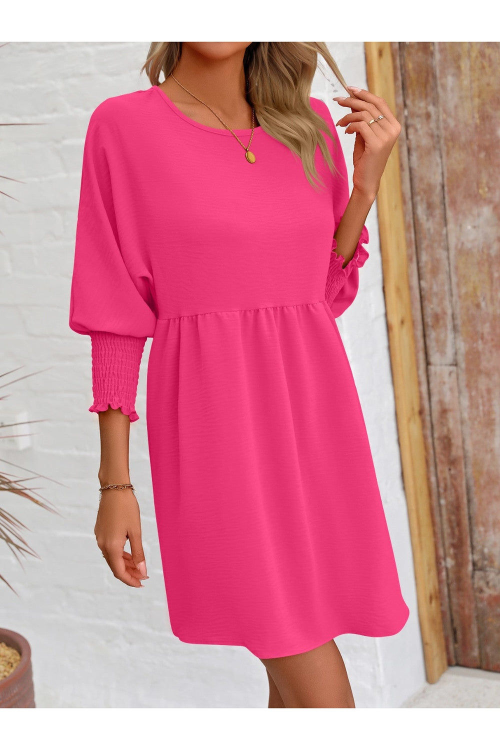 Round Neck Lantern Sleeve Mini Dress - Casual & Maxi Dresses - FITGGINS