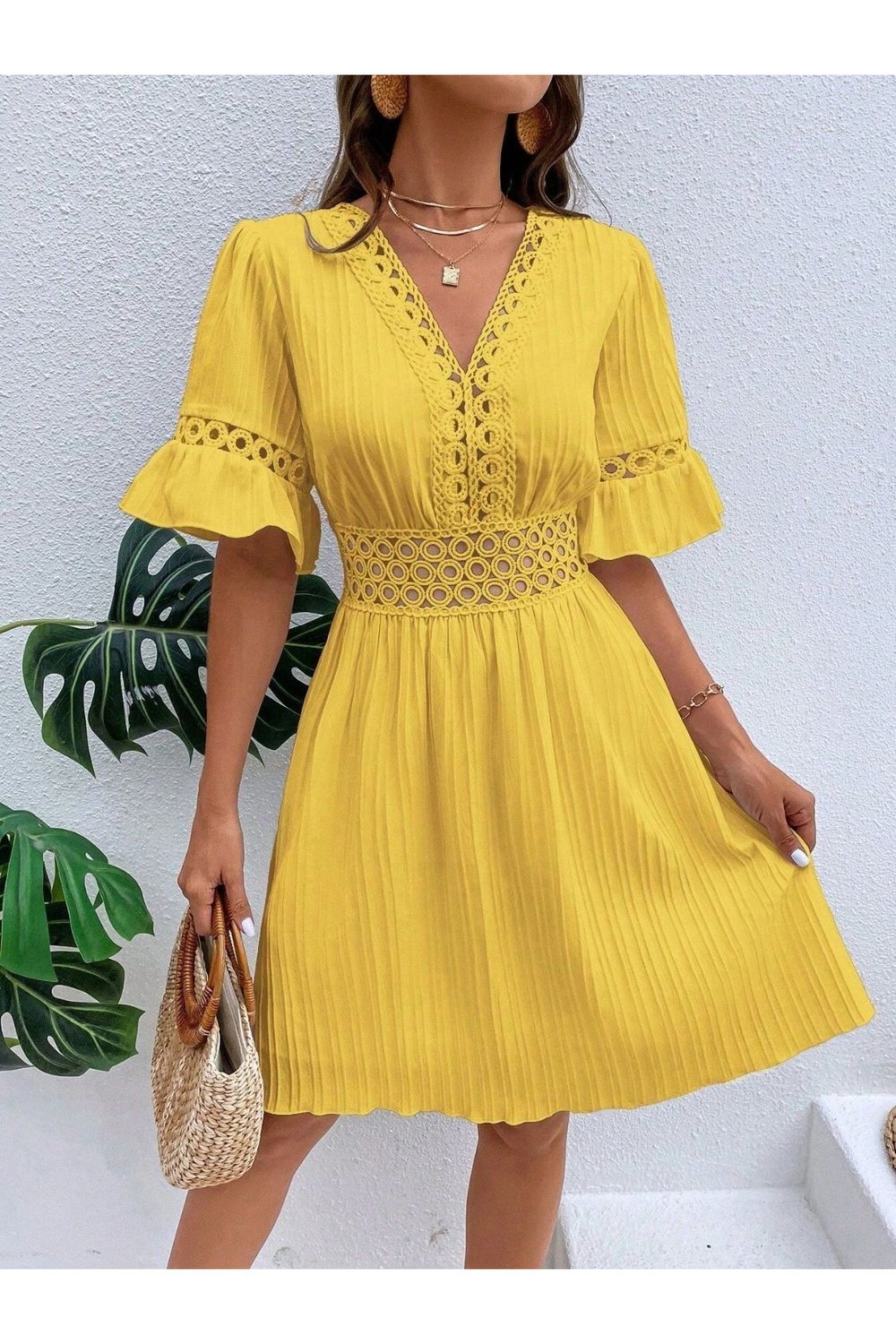 Cutout V-Neck Flounce Sleeve Mini Dress - Casual & Maxi Dresses - FITGGINS