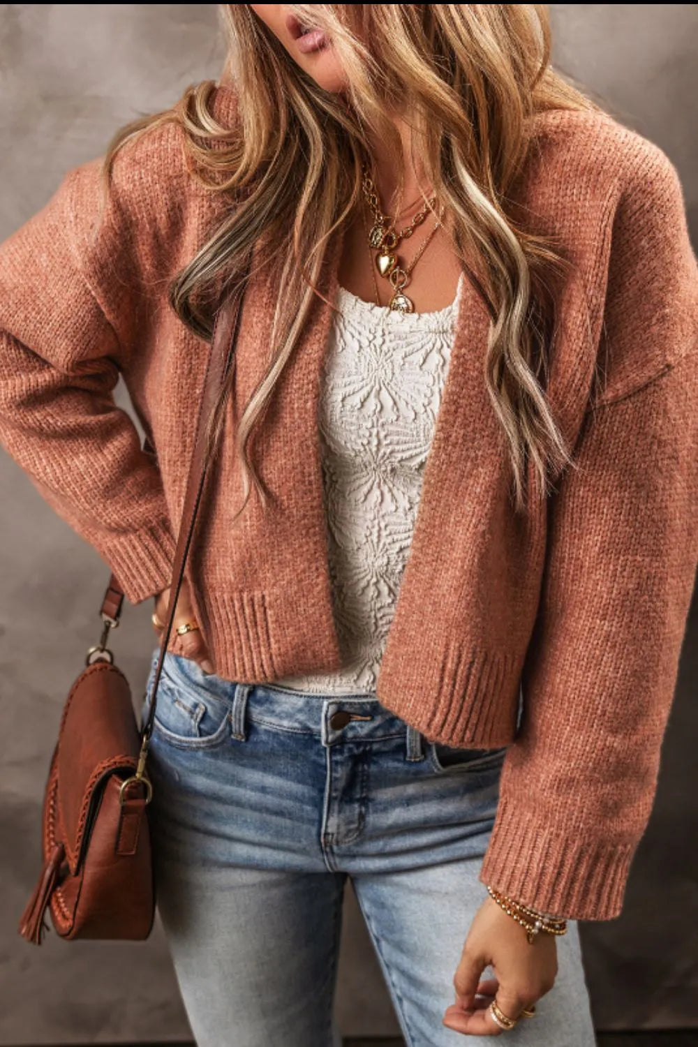 Slit Open Front Dropped Shoulder Cardigan Fitggins