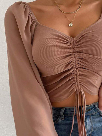 Drawstring Sweetheart Neck Cropped Top Fitggins