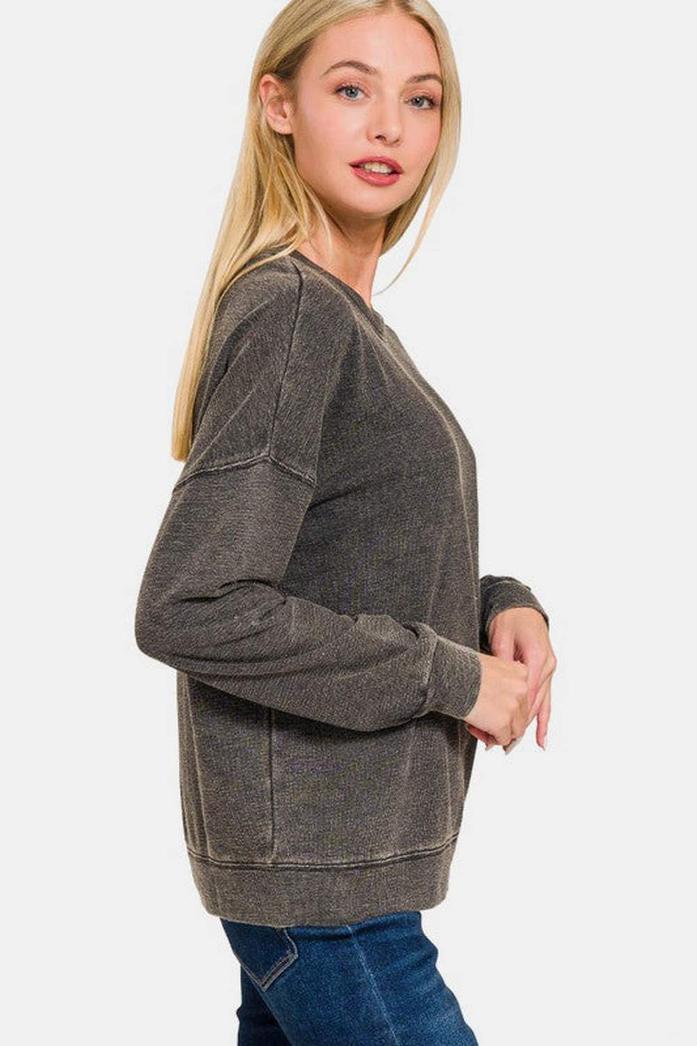 Zenana Washed Round Neck Dropped Shoulder Sweatshirt - Sweatshirts & Hoodies - FITGGINS