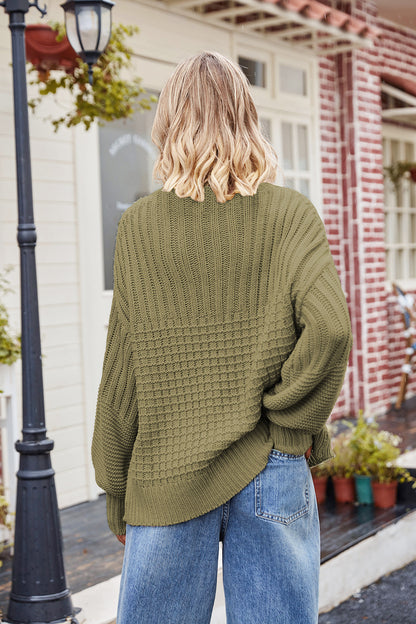 Ribbed Drop Shoulder Lantern Sleeve Sweater - Pullover Sweaters - FITGGINS