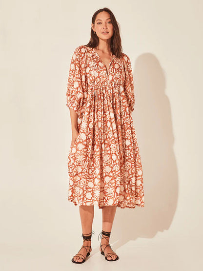 Floral Tie Neck Lantern Sleeve Dress Orange Fitggins