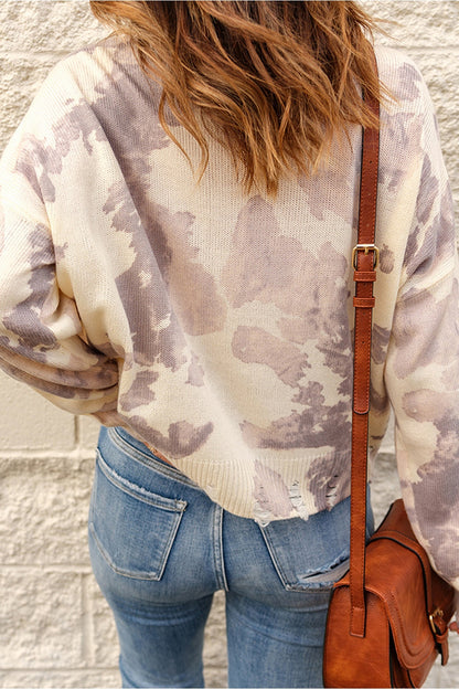 Tie-Dye Distressed Round Neck Sweater - Pullover Sweaters - FITGGINS