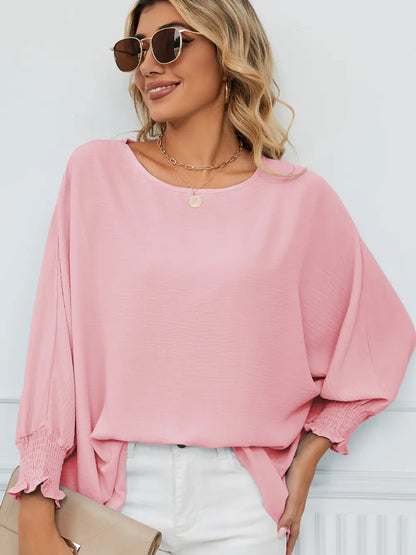 Smocked Lantern Sleeve Round Neck Blouse Fitggins