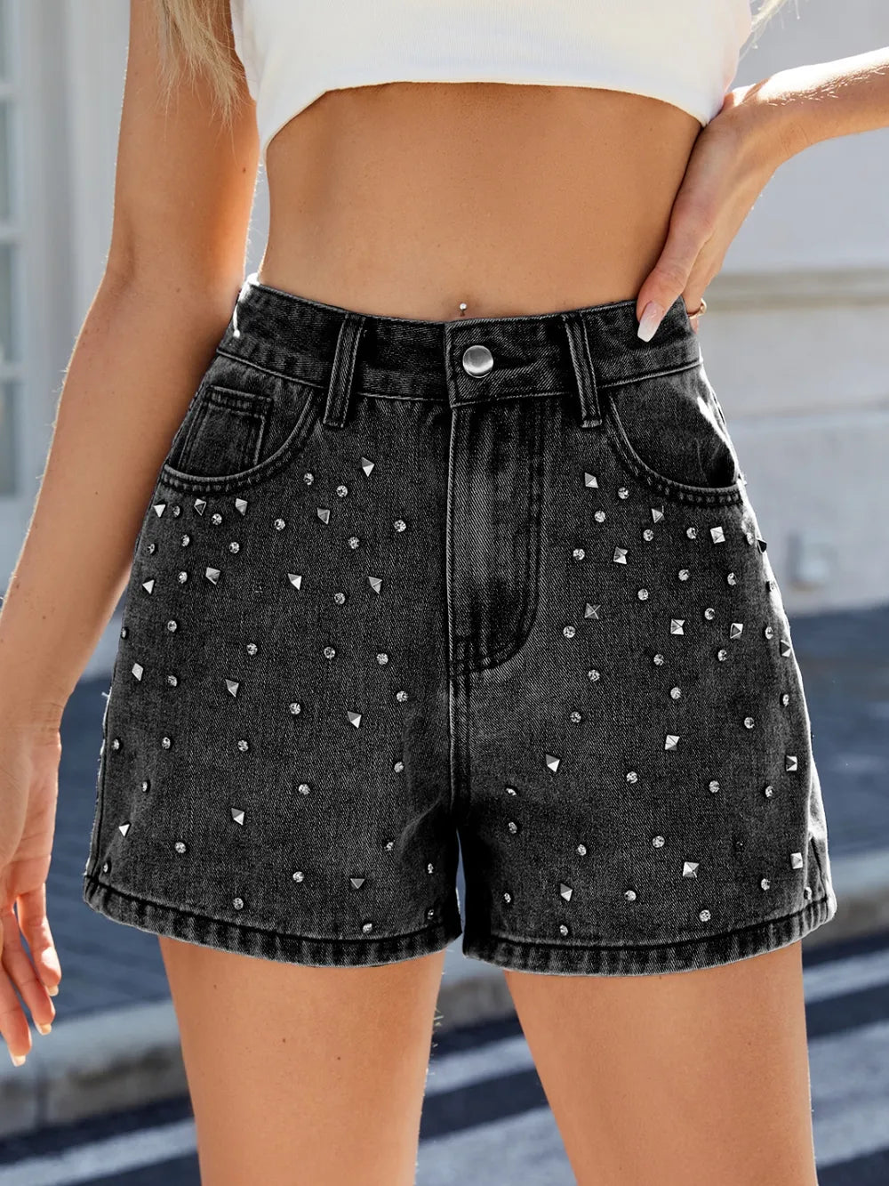 Rhinestone Washed High Waist Denim Shorts Black Fitggins