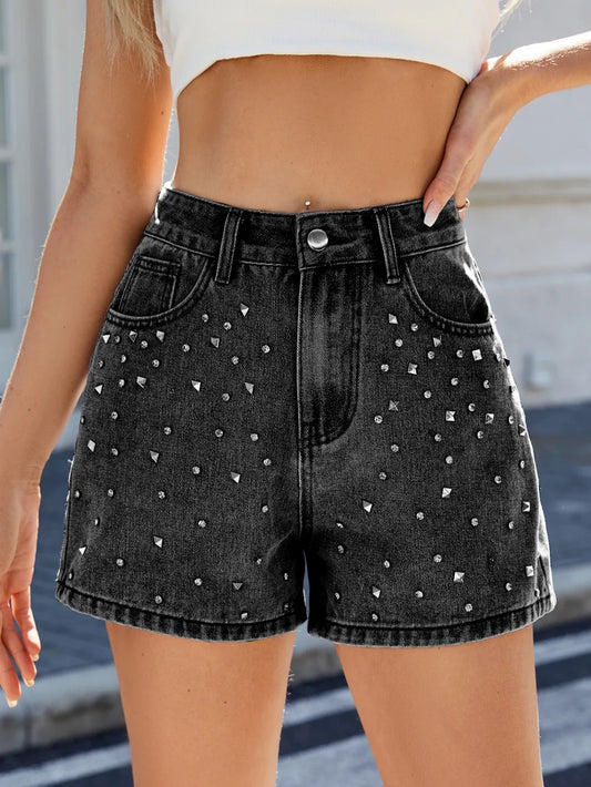 Rhinestone Washed High Waist Denim Shorts Black Fitggins