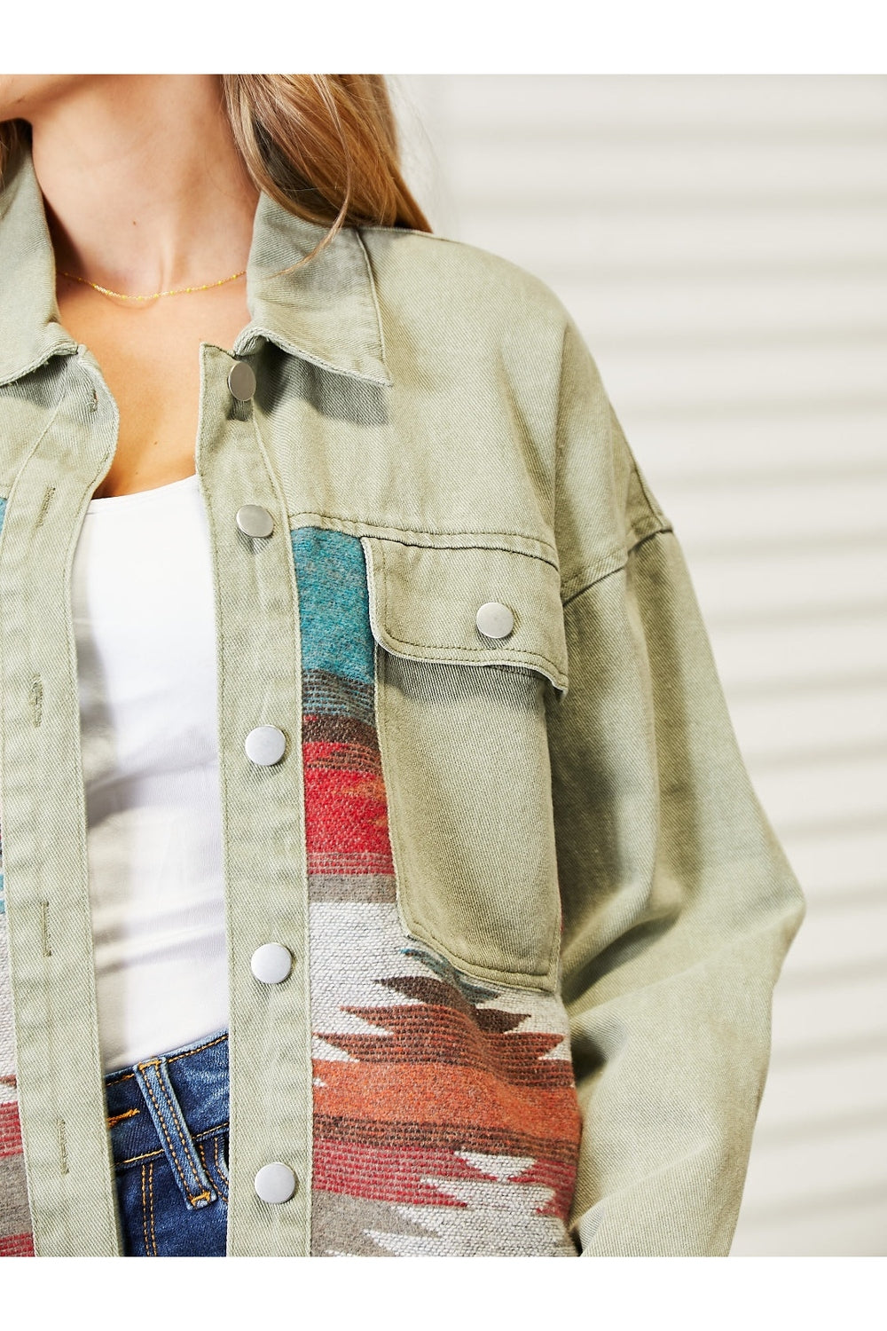 Dropped Shoulder Long Sleeve Printed Denim Jacket - Denim Jackets - FITGGINS