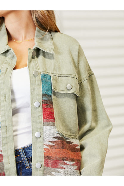 Dropped Shoulder Long Sleeve Printed Denim Jacket - Denim Jackets - FITGGINS