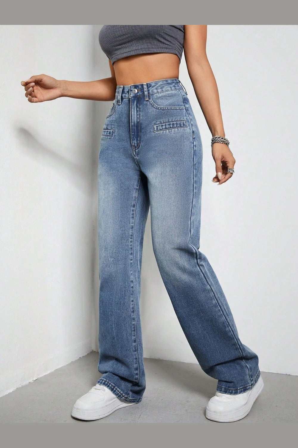 High Rise Wide Leg Jeans with Pockets - Jeans - FITGGINS