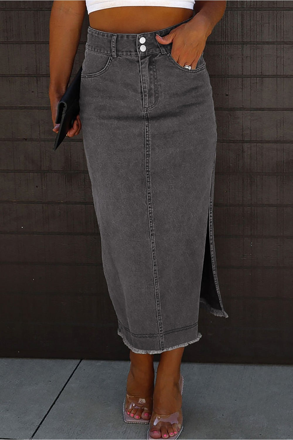 Raw Hem Slit Pocketed Midi Denim Skirt - Shirts - FITGGINS