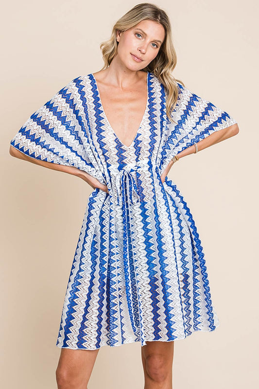 Cotton Bleu by Nu Lab Tied Striped Plunge Half Sleeve Cover-Up - Cover-Ups - FITGGINS