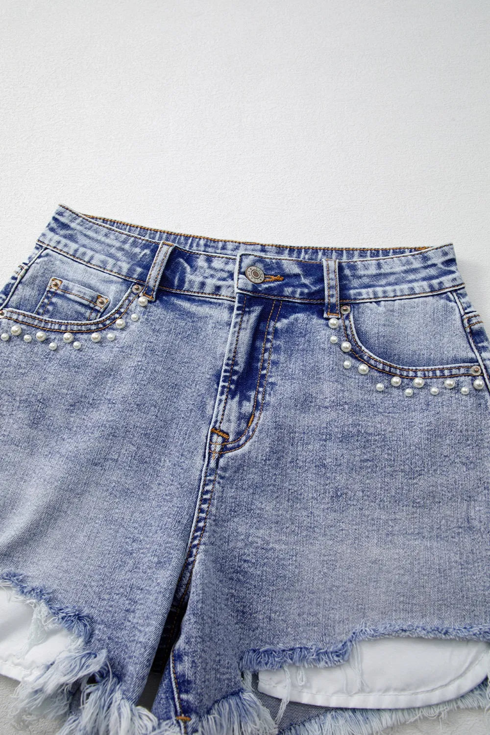 Pearl Studded Pockets Raw Hem Denim Shorts Fitggins