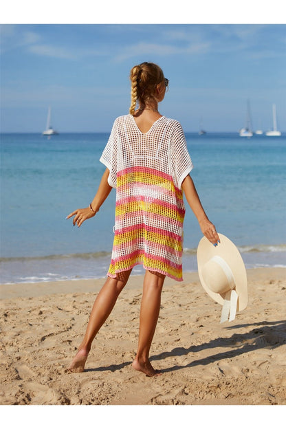 Cutout Striped Cover-Up with Tassel - Cover-Ups - FITGGINS