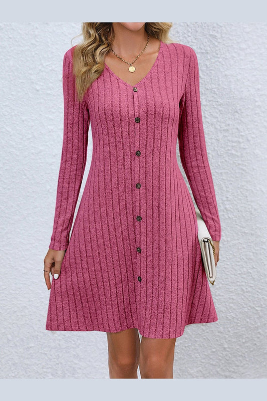 V-Neck Long Sleeve Mini Dress - Casual & Maxi Dresses - FITGGINS