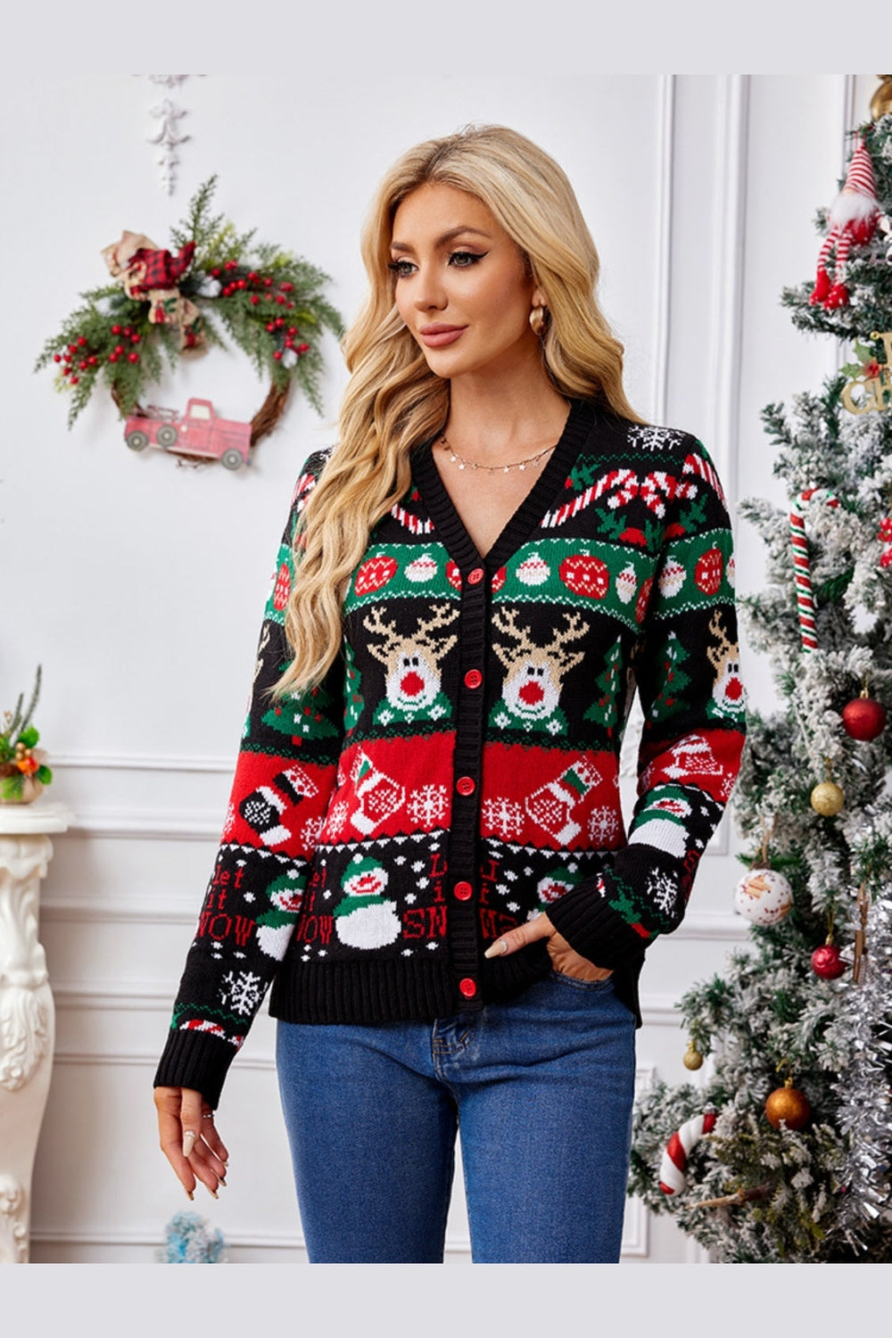 Reindeer Button Up Long Sleeve Cardigan - Cardigans - FITGGINS