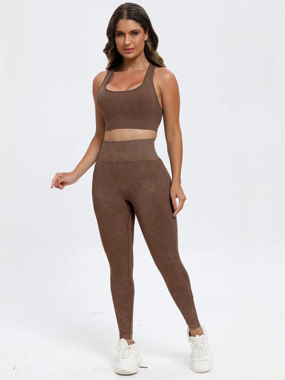 Scoop Neck Wide Strap Top and Pants Active Set Dark Brown Fitggins