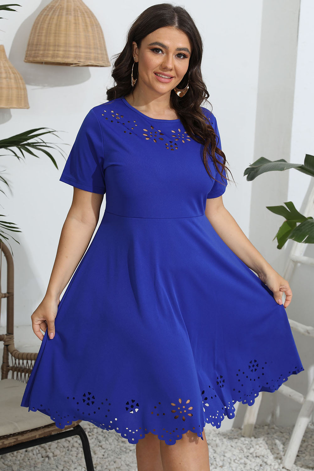 Plus Size Round Neck Openwork Dress - Casual & Maxi Dresses - FITGGINS