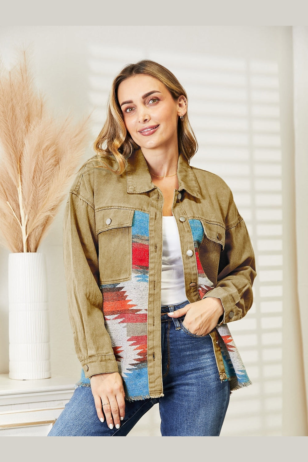 Dropped Shoulder Long Sleeve Printed Denim Jacket - Denim Jackets - FITGGINS