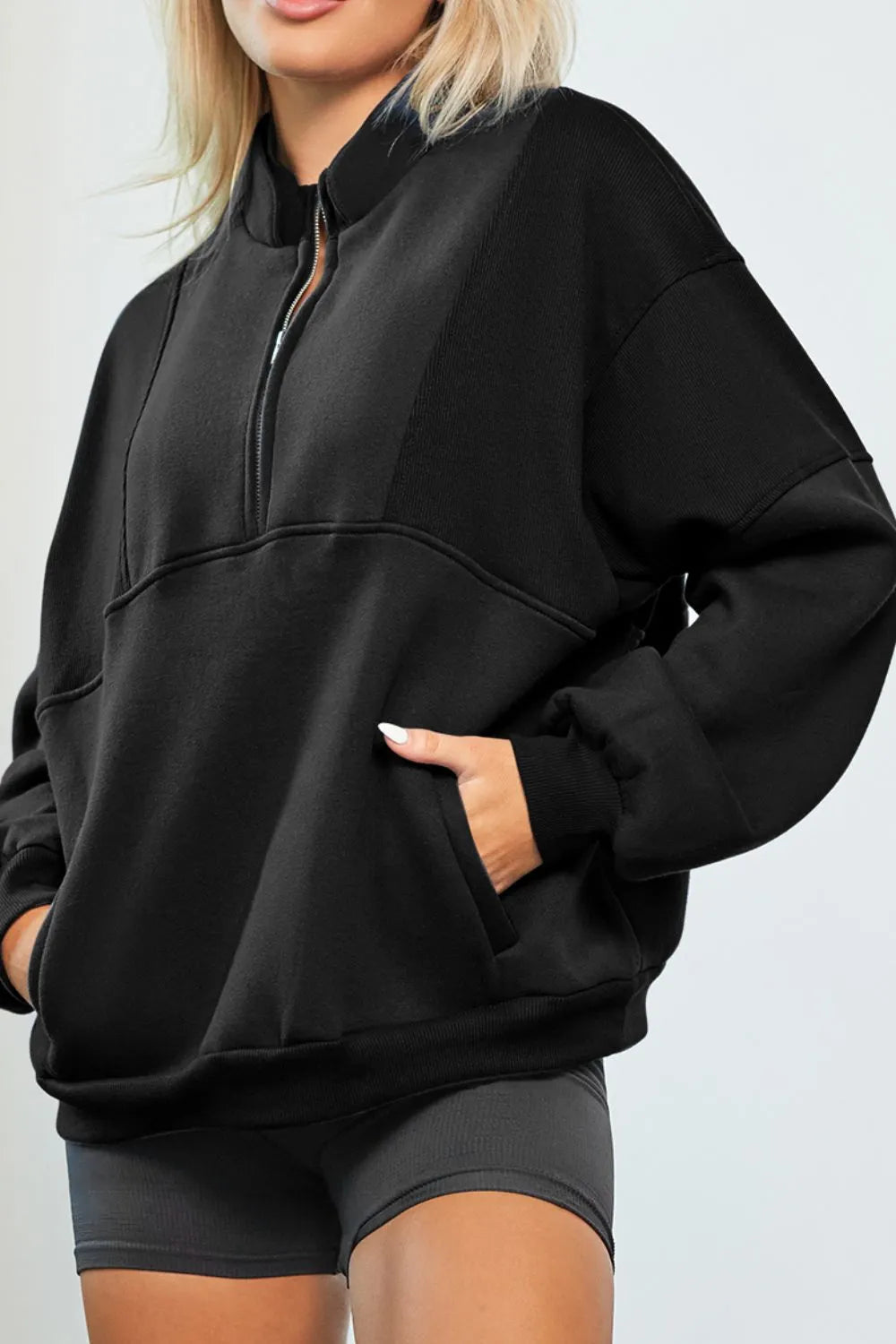 Half Zip Drop Shoulder Long Sleeve Sweatshirt Black Fitggins