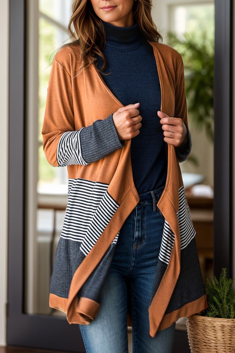 Striped Open Front Long Sleeve Cover Up - Cardigans - FITGGINS