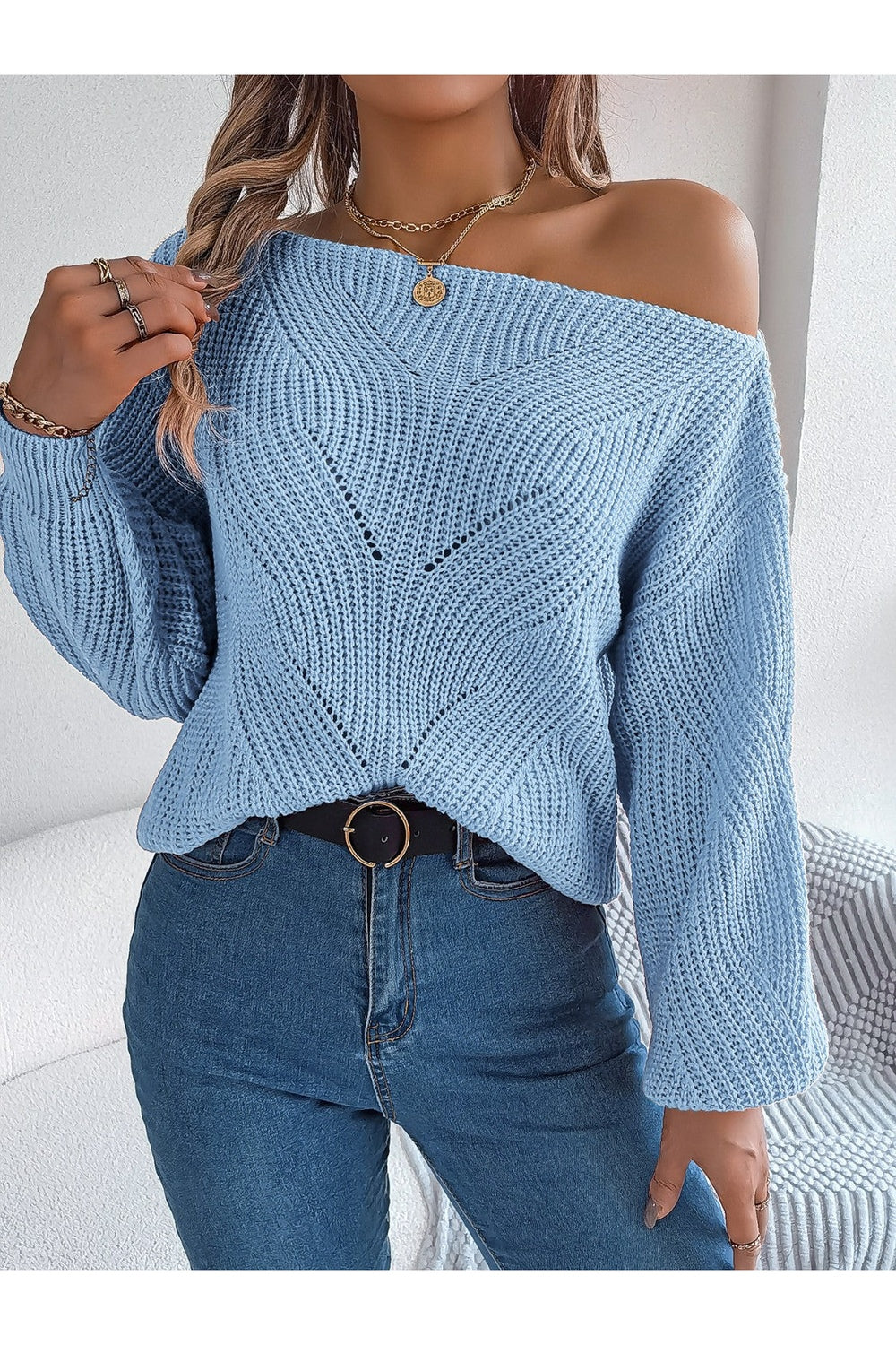 Openwork Long Sleeve Sweater - Pullover Sweaters - FITGGINS