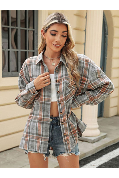 Pocketed Plaid Collared Neck Long Sleeve Shirt - Shirts - FITGGINS