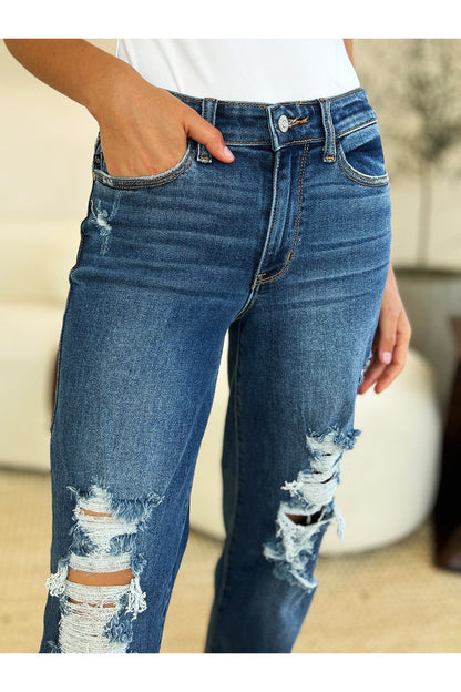 Judy Blue Full Size Mid Rise Distressed Raw Hem Jeans - Jeans - FITGGINS