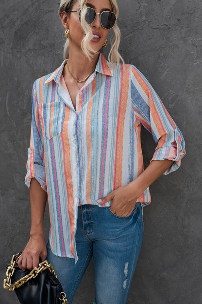 Striped Button-Up Curved Hem Shirt with Breast Pocket - Shirts - FITGGINS