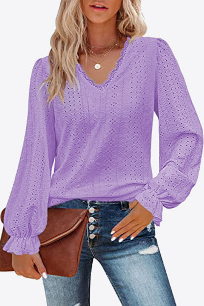Eyelet V-Neck Flounce Sleeve Blouse Lavender Fitggins