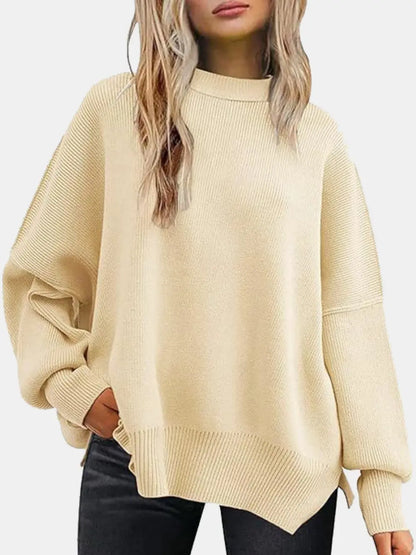 Round Neck Drop Shoulder Slit Sweater Ivory Fitggins