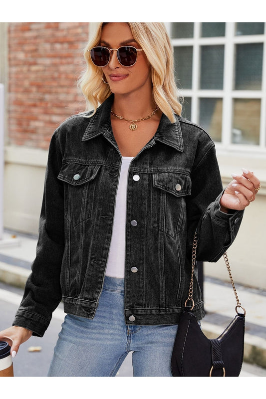 Pocketed Collared Neck Denim Jacket - Denim Jackets - FITGGINS