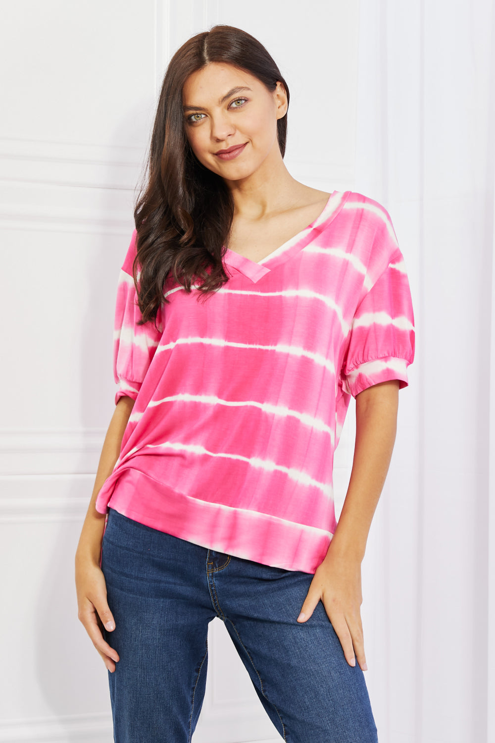 Yelete Full Size Oversized Fit V-Neck Striped Top - Blouses - FITGGINS