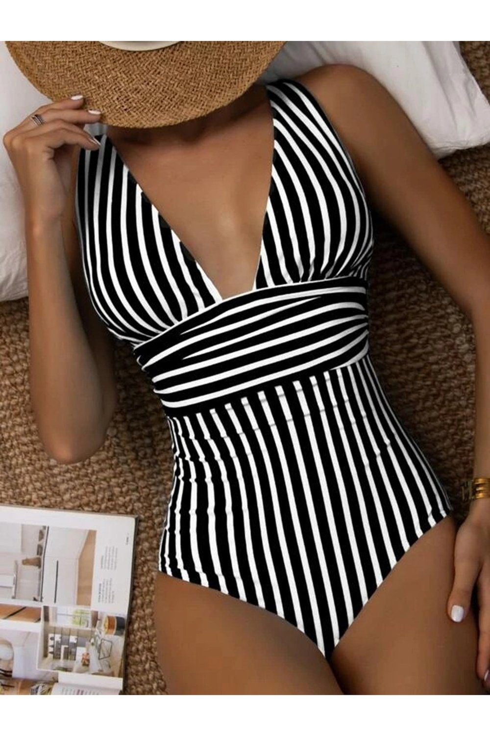Striped Plunge Sleeveless One-Piece Swimwear - Swimwear One-Pieces - FITGGINS