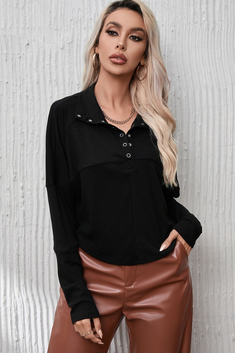 Ribbed Knit Henry Collar Loose Fitting Long Sleeve Top - Blouses - FITGGINS