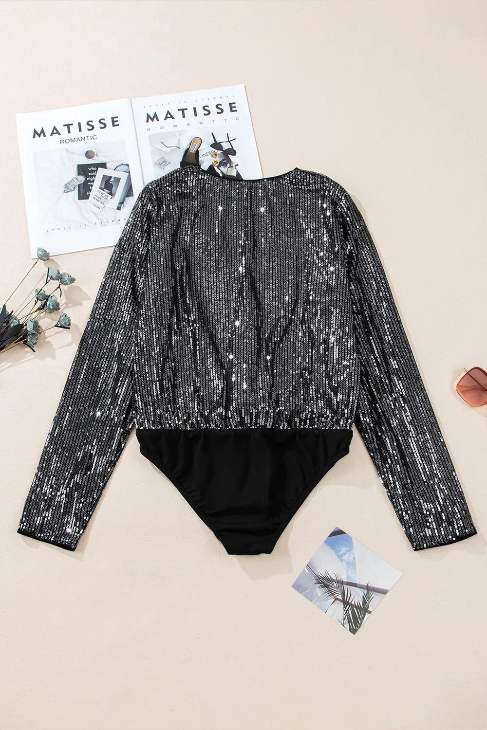 Sequin Surplice Long Sleeve Bodysuit - Bodysuit - FITGGINS