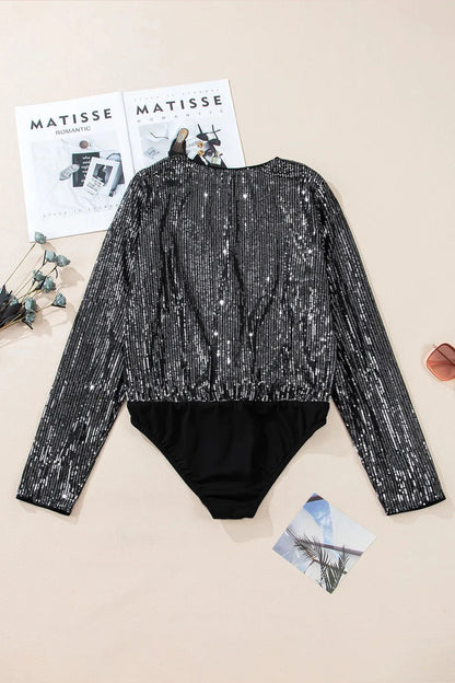 Sequin Surplice Long Sleeve Bodysuit - Bodysuit - FITGGINS