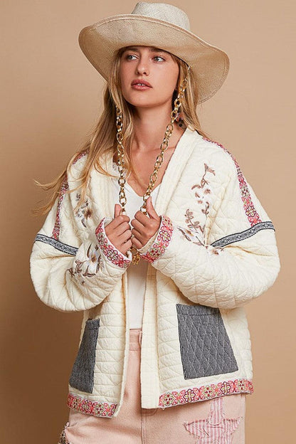 POL Embroidered Open Front Long Sleeve Jacket - Jackets - FITGGINS