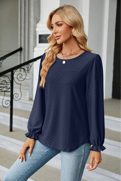 Round Neck Flounce Sleeve Blouse Fitggins
