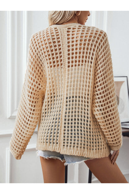 Openwork Open Front Long Sleeve Cardigan - Cardigans - FITGGINS