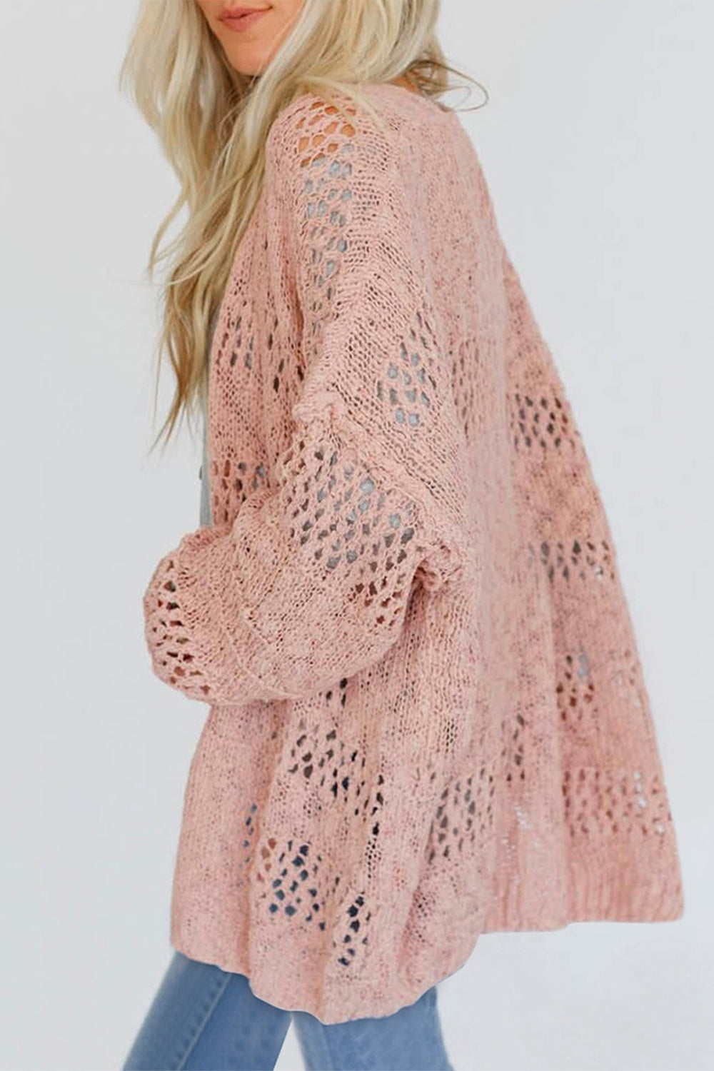 Openwork Open Front Long Sleeve Cardigan - Cardigans - FITGGINS