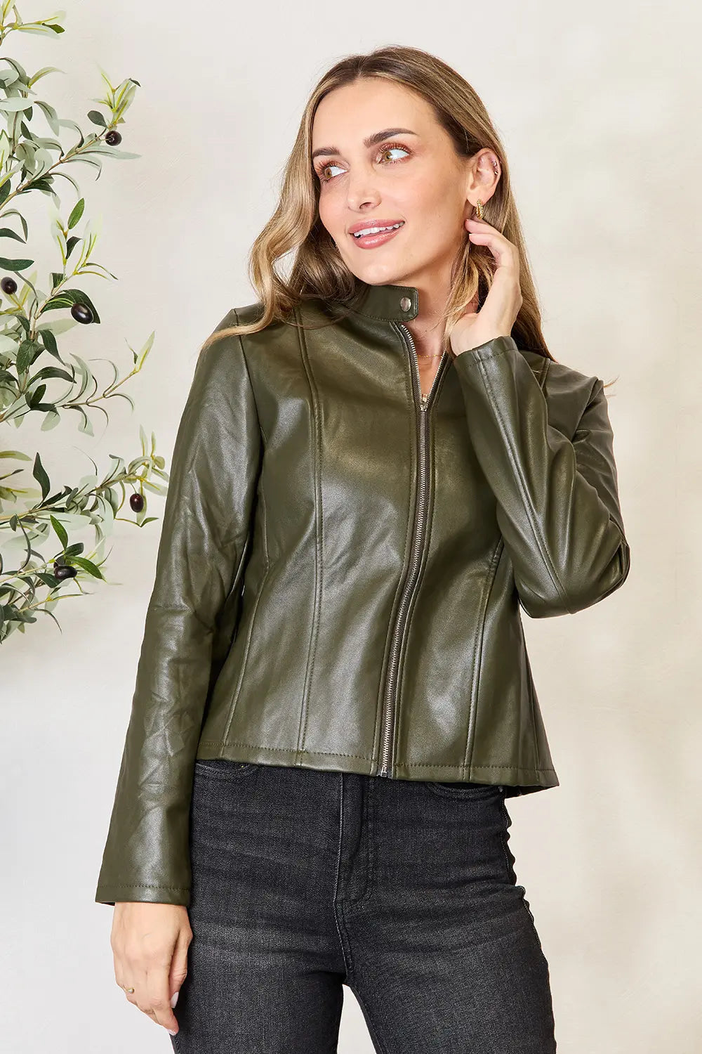 Mock Neck Zip Up Jacket Army Green Fitggins